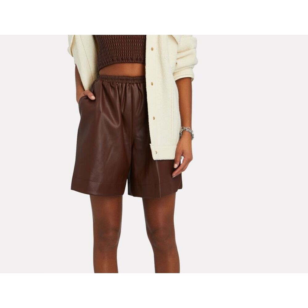 STAUD Clark Vegan Leather Mid-Length Shorts Brown XS